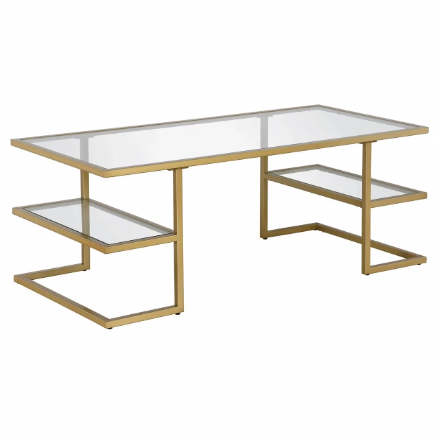 Gold glass steel coffee table with shelves and wood stain finish