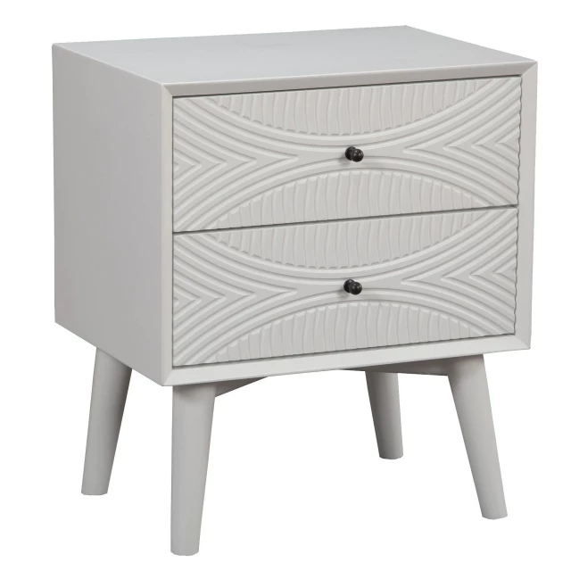 White Groovy Drawer Wood Nightstand with Rectangle Table and Plant Decoration