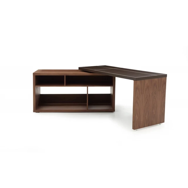 brown veneer l shaped desk with leather furniture wood shelving and cabinetry