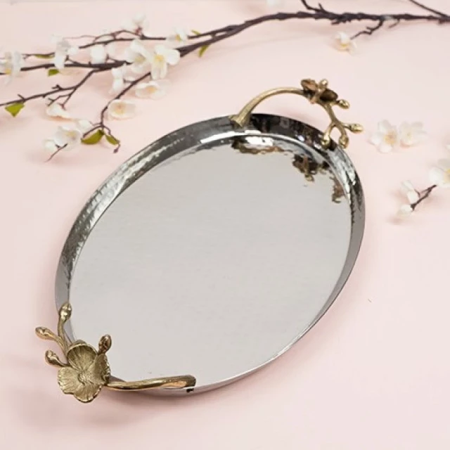 floral handle hammered tray made of natural material with silver and gemstone accents