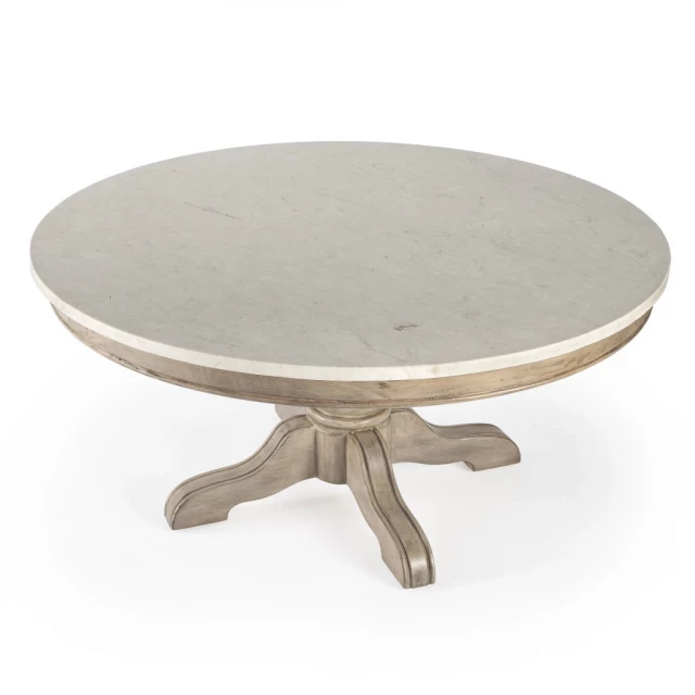 Genuine marble round distressed coffee table with wood elements and dishware