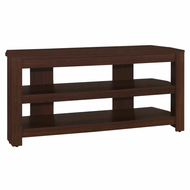 Brown particleboard open shelving TV stand with wood stain finish and hardwood planks