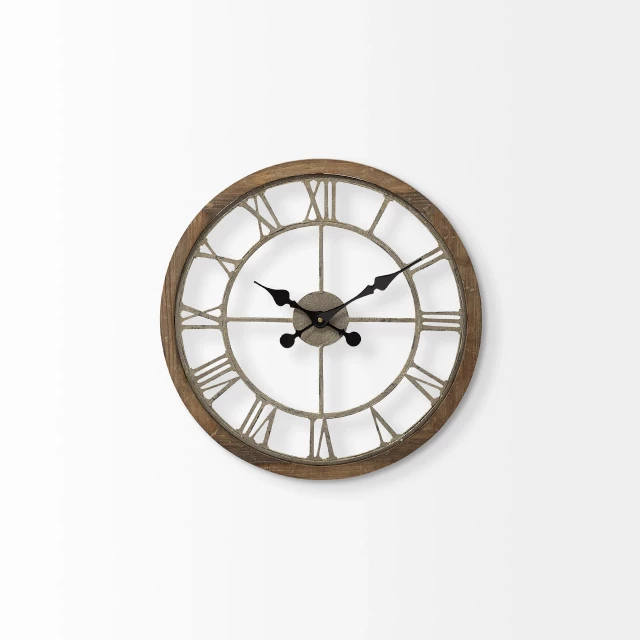 brown round modern farm wall clock with metal rim and spoke design