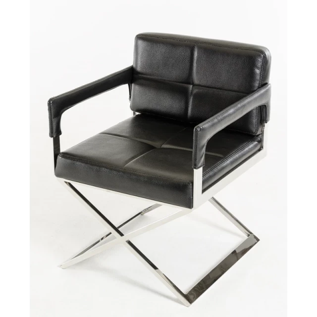 Black bonded leather chair with metal accents and armrests for modern home decor