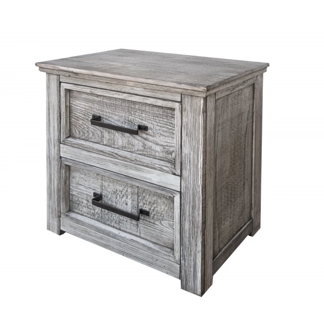 Gray drawer nightstand with wood stain finish and cabinetry design