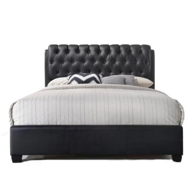 Upholstered faux leather bed with nailhead trim detail