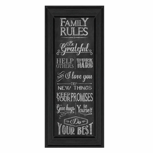 Black framed print of rules with handwritten style font on a chalkboard pattern background for wall art decoration