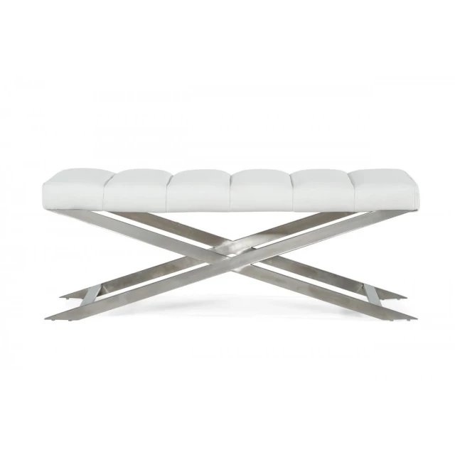 Silver upholstered faux leather dining bench with elegant design details