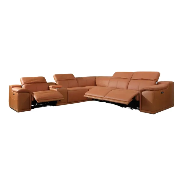 Camel Italian Leather Power Reclining U Shaped Six Piece Corner Sectional With Console Camel Italian Leather Power Reclining U Shaped Six Piece Corner Sectional With Console