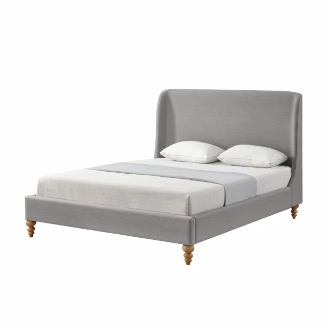 Solid wood queen upholstered linen bed in a minimalist bedroom setting