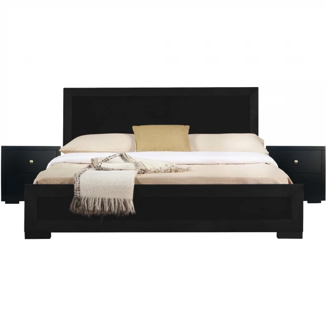 Black wood platform queen bed with integrated nightstands for modern bedroom decor