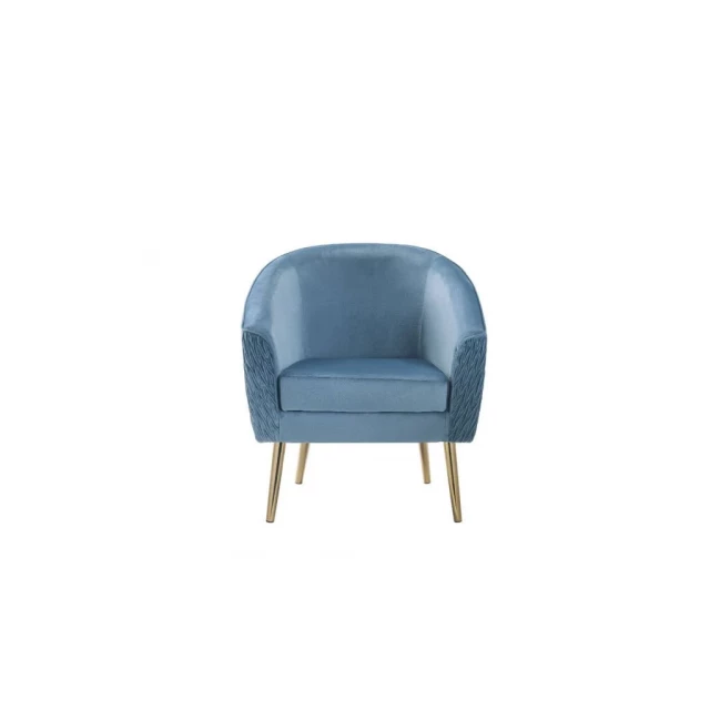 Blue velvet gold ikat barrel chair with armrests and wood details