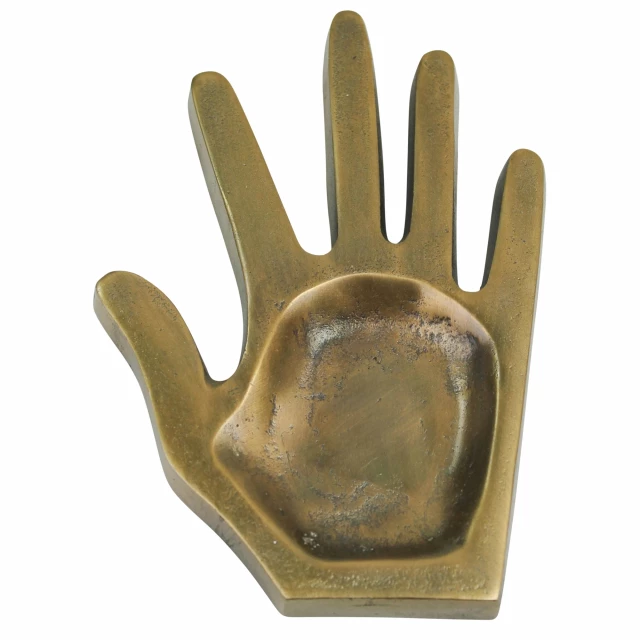 bronze hand metal trinket tray with wood and fashion accessory elements