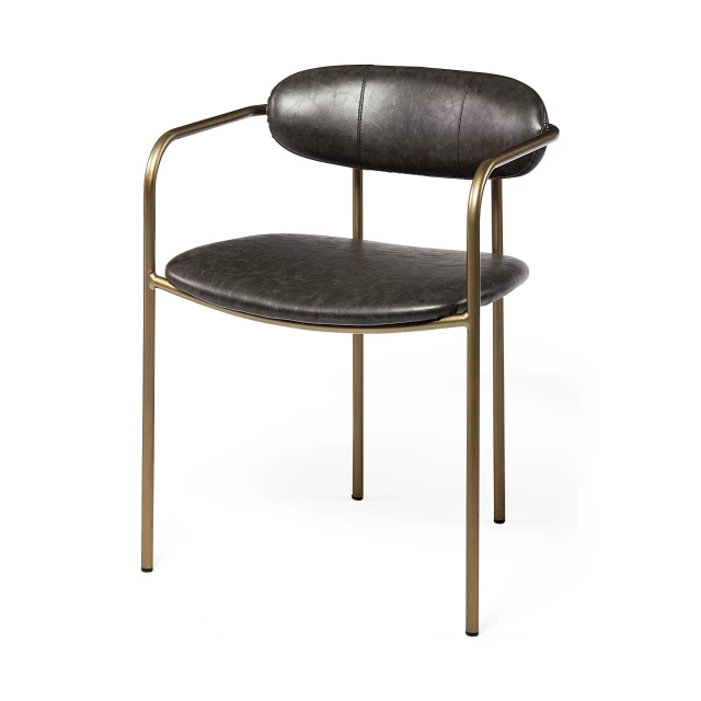 Gold upholstered faux leather arm chairs with wood and metal details