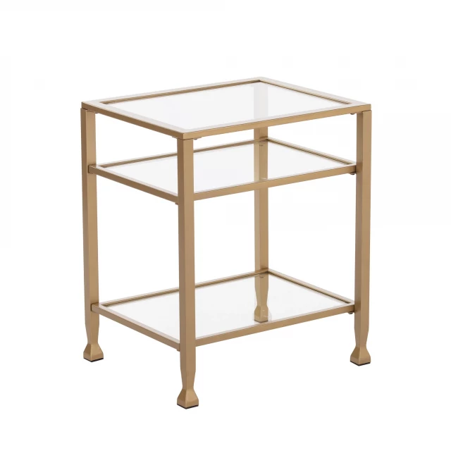 Glass iron rectangular end table with metal shelves and hardwood design
