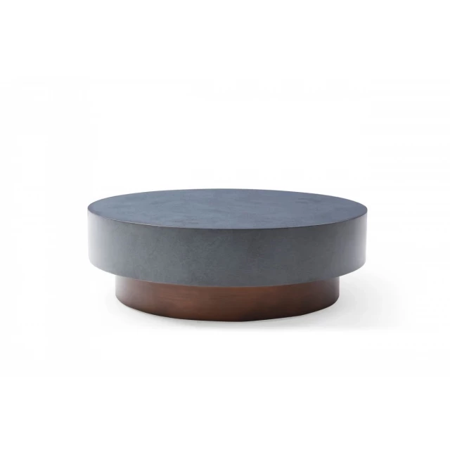 Copper grey steel round coffee table with wood accents