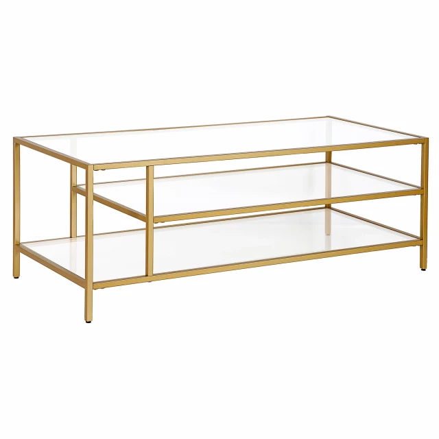 Gold glass steel coffee table with wood stain and symmetrical shelves