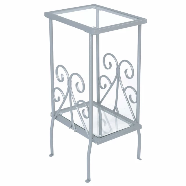 Silver clear glass end table with metal shelf and symmetrical design