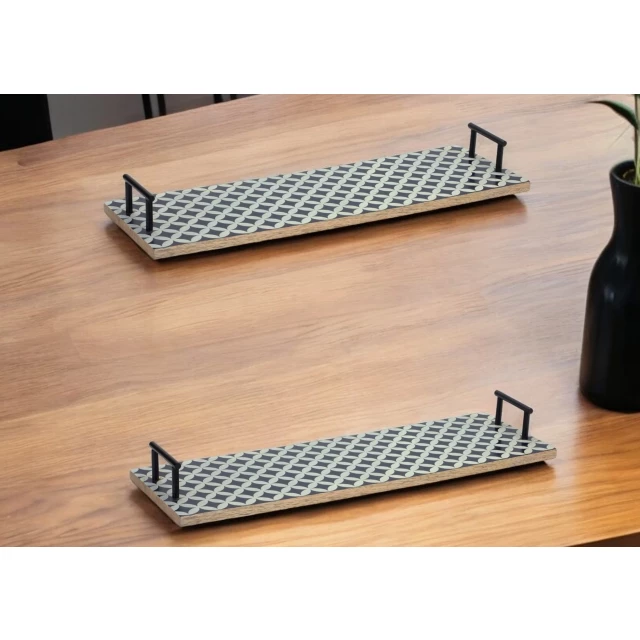 blue solid wood serving tray with handles