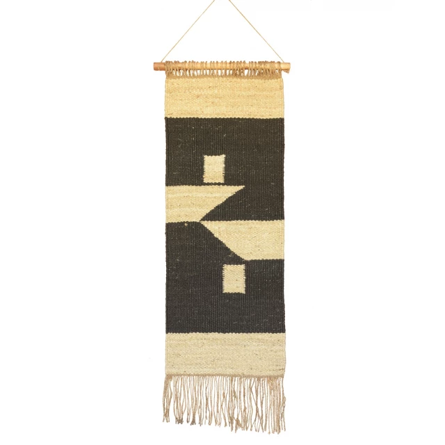 black gold bohemian wall hanging with wood pattern and beige tints