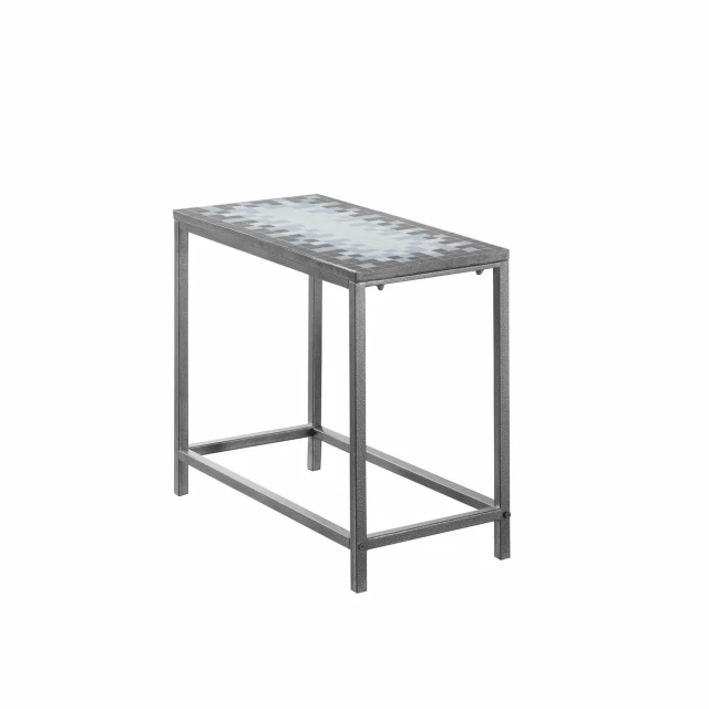 Gray white tile end table with metal accents suitable for outdoor furniture
