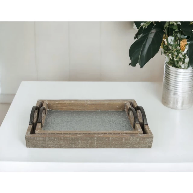 gray rectangular metal handmade tray with handles and houseplant