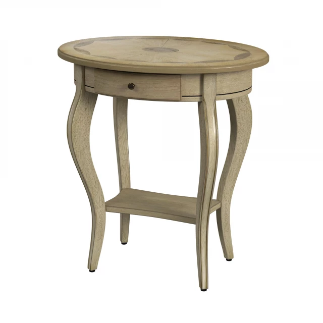 Wood oval end table with drawer and shelf furniture piece