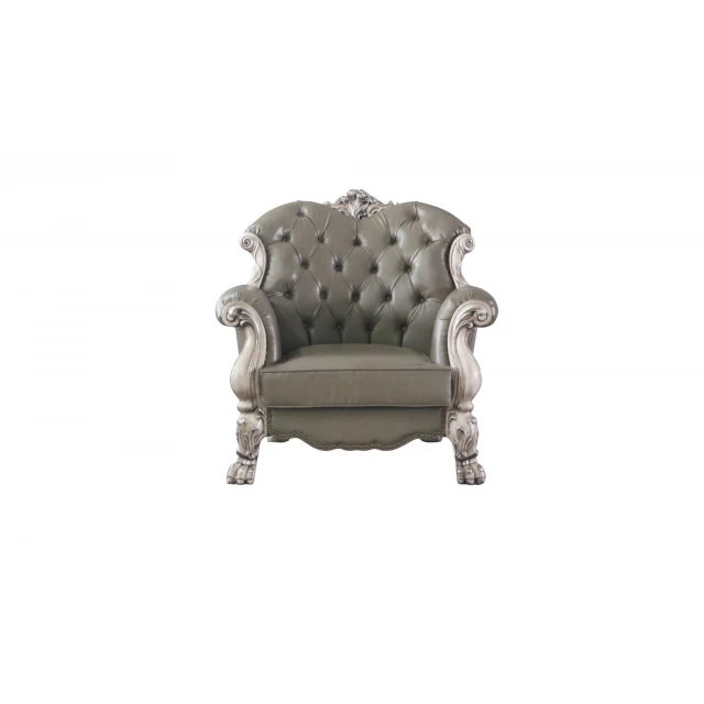 Leather vintage bone white armchair with wooden legs for elegant home decor