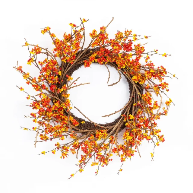 Orange red artificial fall twig wreath with circle design and chili powder hue illustration