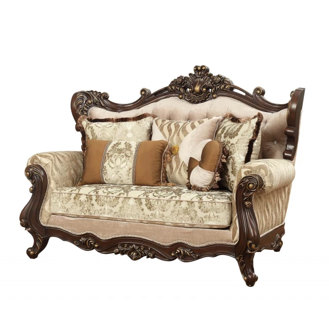 Polyester blend damask loveseat with brown toss pillows and comfortable rectangle design