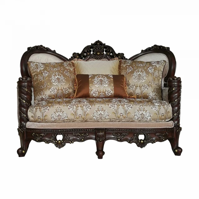 Blend damask Chesterfield loveseat with toss pillows and comfortable brown studio couch design