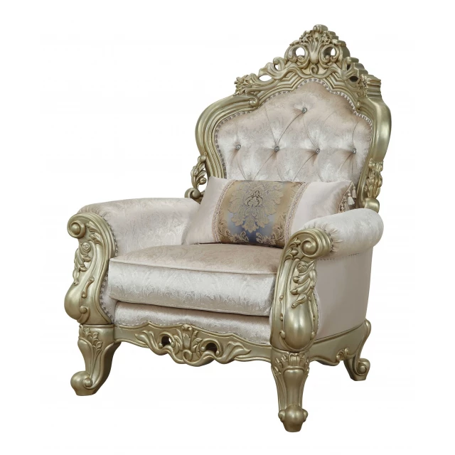 pearl fabric damask tufted chesterfield chair with beige upholstery and wooden legs