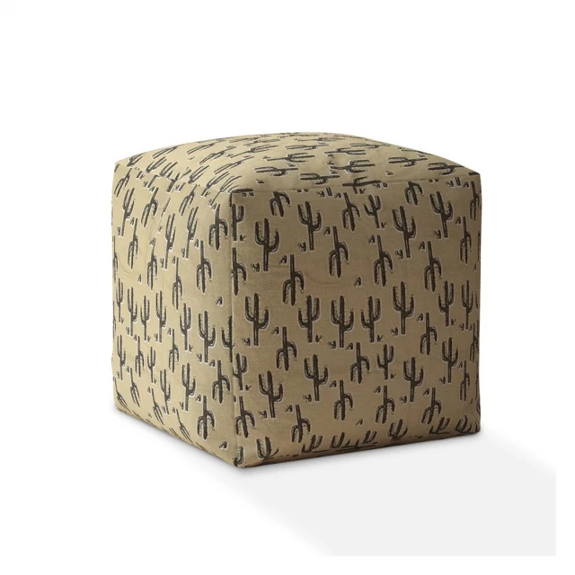 Beige cotton floral pouf ottoman with wooden accents and metal details