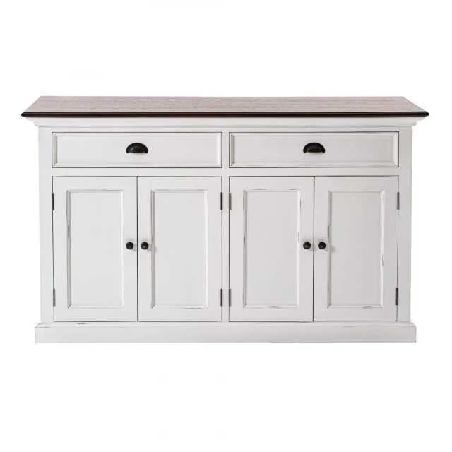 Modern farmhouse brown white buffet server with cabinetry drawers and countertop