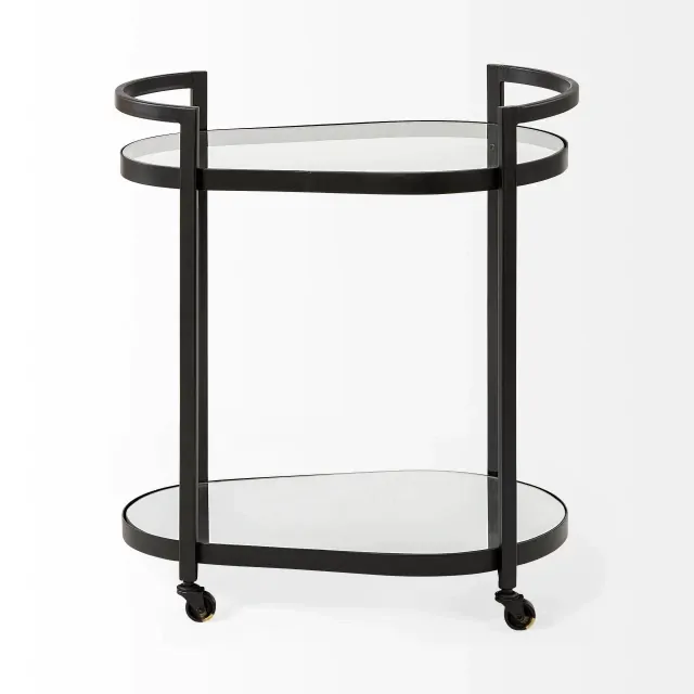Cyclider Black Metal With Two Mirror Glass Shelves Bar Cart Cyclider Black Metal With Two Mirror Glass Shelves Bar Cart