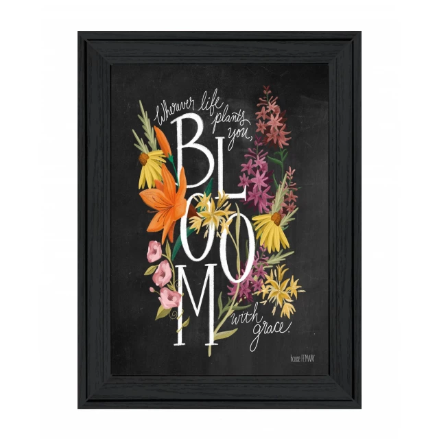 Grace Black Framed Print featuring artistic floral design with creative fonts and paint textures for wall art decor
