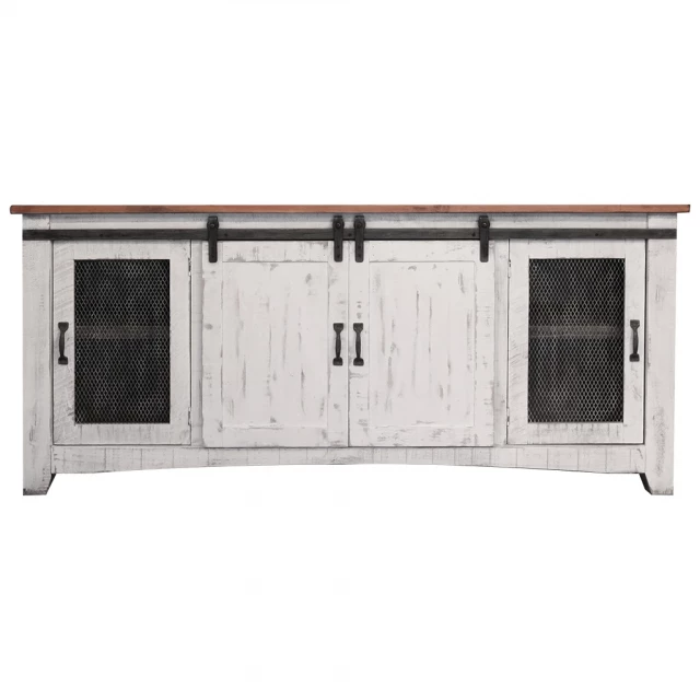 Distressed wooden TV stand with enclosed storage and rectangle facade design
