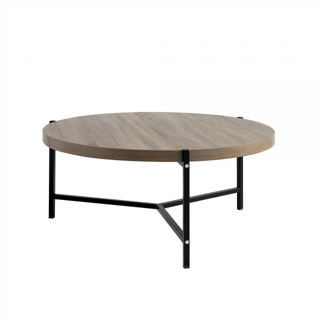 Brown black metal round coffee table with wood stain finish and hardwood plywood material