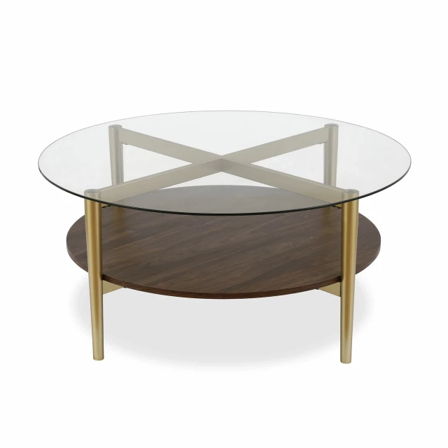 Glass steel round coffee table with shelf and hardwood finish