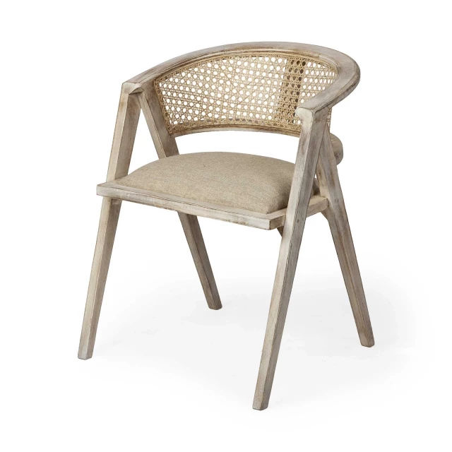 linen curved back dining arm chair with wood armrests and wicker details for outdoor comfort