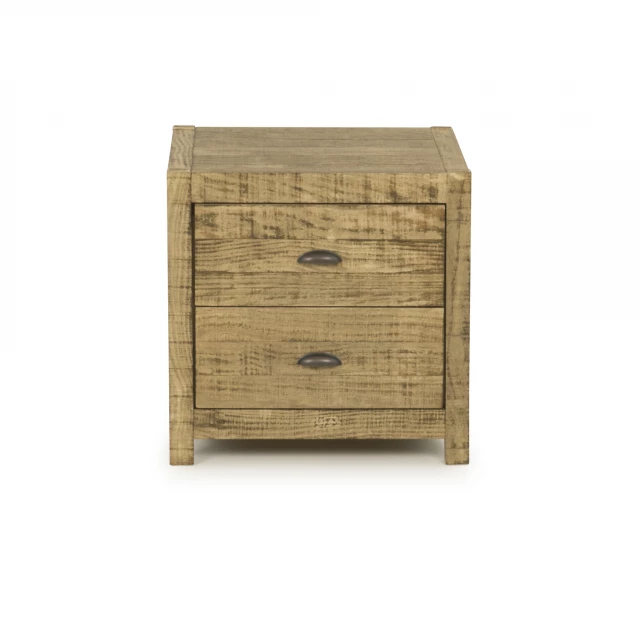 Brown distressed solid wood nightstand with drawers and shelf