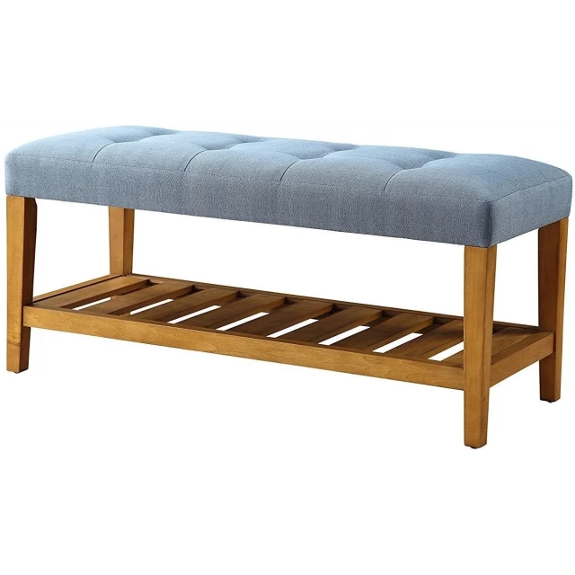 Blue and brown upholstered polyester bench with shelves and hardwood detail