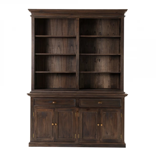 Classic black wash display hutch with brown cabinetry furniture shelf and drawers