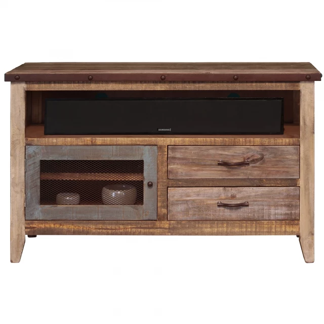 Distressed wood TV stand with enclosed cabinet and multiple drawers for storage