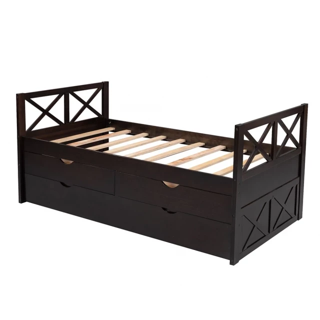 Espresso twin bed with trundle in a stylish bedroom setting