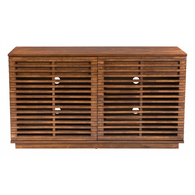Modern retro grooves TV media center with brown wood stain and grille doors