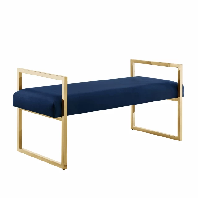 Navy blue gold upholstered velvet bench with hardwood legs and comfortable rectangle seat