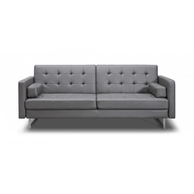 Gray faux leather silver sofa with comfortable studio couch design and wooden elements