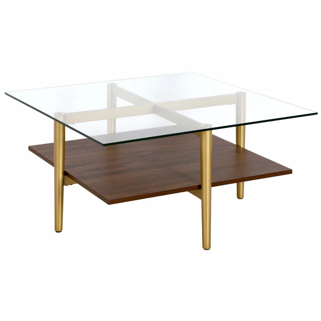 Glass steel square coffee table with wood stain shelf and hardwood plank design