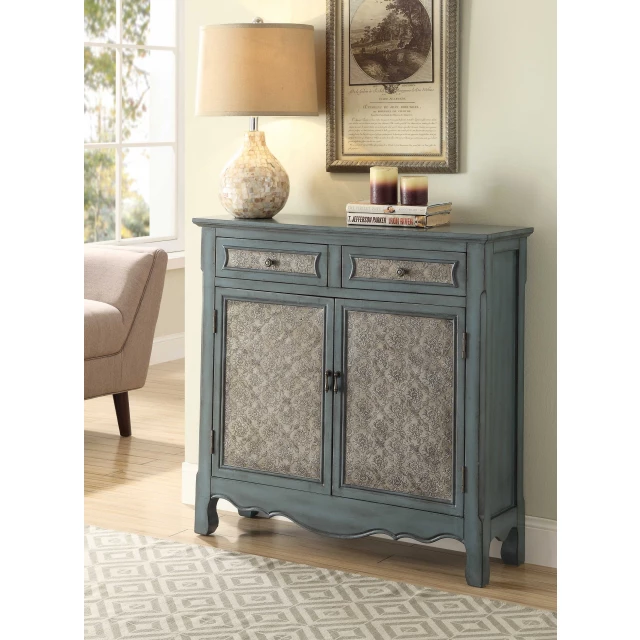 antique blue wooden console table with drawers and picture frame for interior design